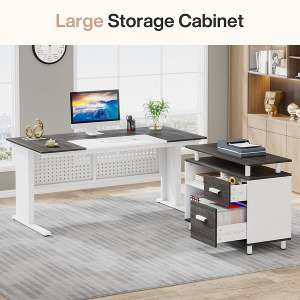 L-Shaped Executive Desk with File Cabinet & Storage Shelves