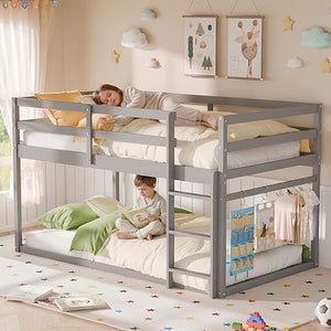 Twin Over Twin Low Bunk Bed with Full Guardrails