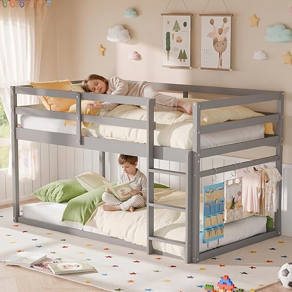 Twin Over Twin Low Bunk Bed with Full Guardrails