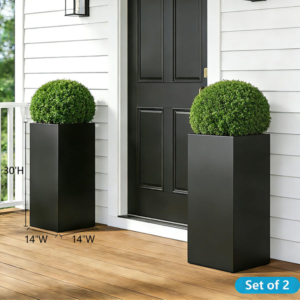 Tall Metal Outdoor Planter with Removable Shelf — 14"L x 14"W x 30"H, Black (Set of 2)