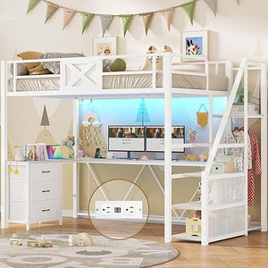 Twin Loft Bed with L-Shaped Desk, Wardrobe & Storage Stairs