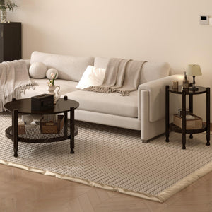 2-Tier Round End Table with Rattan Storage Shelf