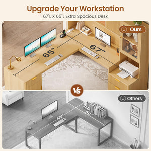 SEDETA 67" x 65" L Shaped Desk with Hutch, RGB LED Corner Computer Desk with Power Outlets, Fluted Home Office Desk with File Drawer, Storage Cabinet & Glass Display Cabinet for Gaming & Working, Oak