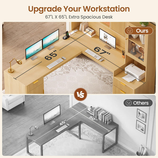 SEDETA 67" x 65" L Shaped Desk with Hutch, RGB LED Corner Computer Desk with Power Outlets, Fluted Home Office Desk with File Drawer, Storage Cabinet & Glass Display Cabinet for Gaming & Working, Oak