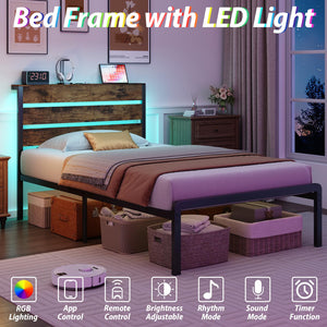 Twin Bed Frame with LED Lights & Charging Station