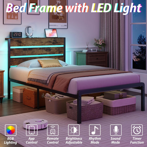 Twin Bed Frame with LED Lights & Charging Station