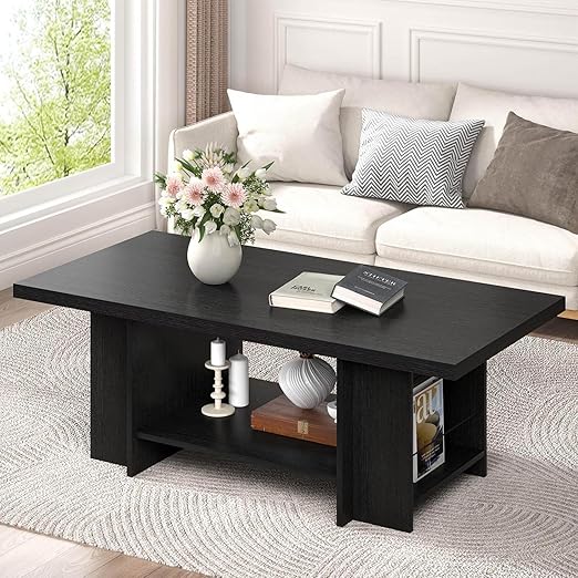 Rustic 2-Tier Coffee Table with Storage Shelves