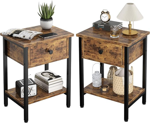 Nightstand Set of 2 with Drawers & Storage Shelf