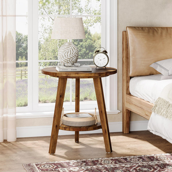 Round Wood End Table with Storage Shelf