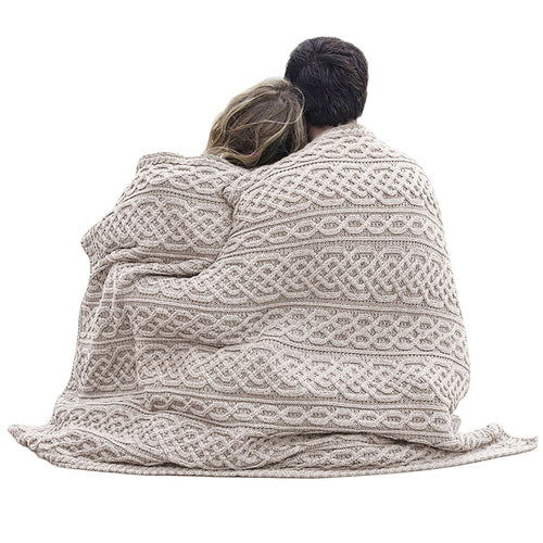 Merino Wool Irish Cable Knit Throw Blanket — Aran Celtic Pattern 40" x 55"