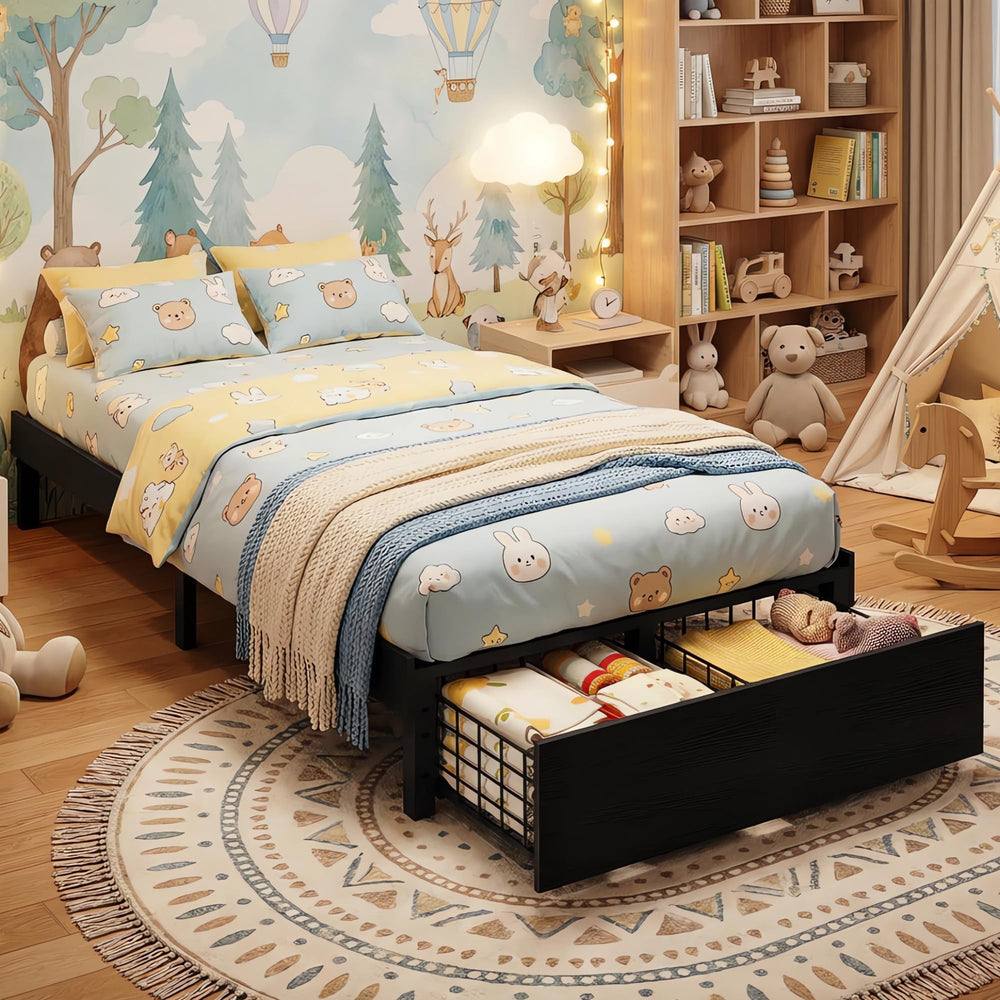 Bed Frame with 2 Storage Drawers and Wooden Slats, No Box Spring Needed