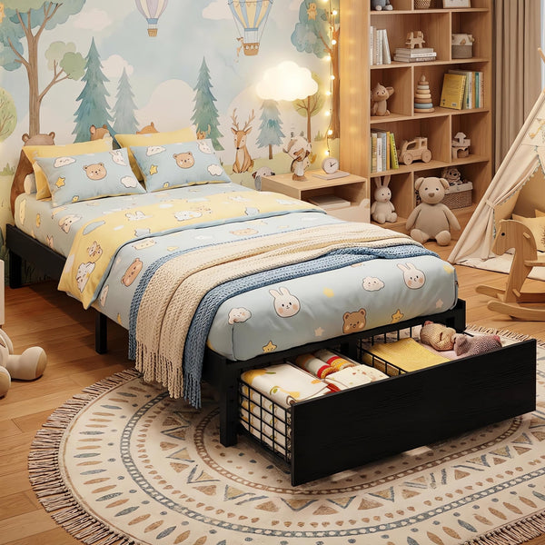 Bed Frame with 2 Storage Drawers and Wooden Slats, No Box Spring Needed