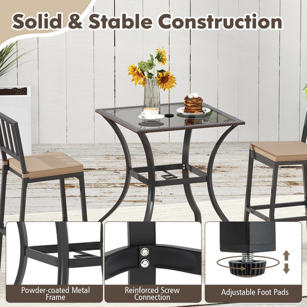 Counter Height Outdoor Bistro Table with Umbrella Hole & Tempered Glass Top