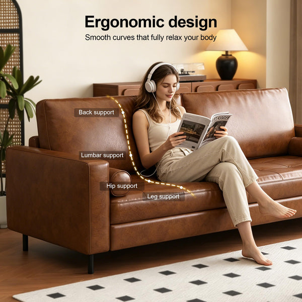 80" Mid-Century Modern Faux Leather 3-Seater Sofa – Brown