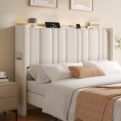 Queen Size Wingback Headboard with LED Light, Storage & Charging Station