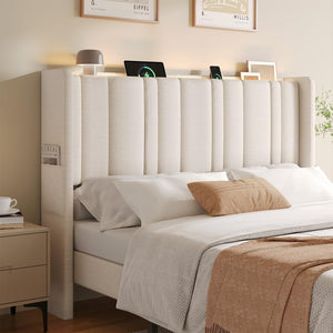 Queen Size Wingback Headboard with LED Light, Storage & Charging Station