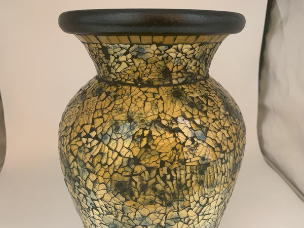18 Inch Tall Mosaic Floor Vase – Crackled Gold & Black Terracotta Cylinder