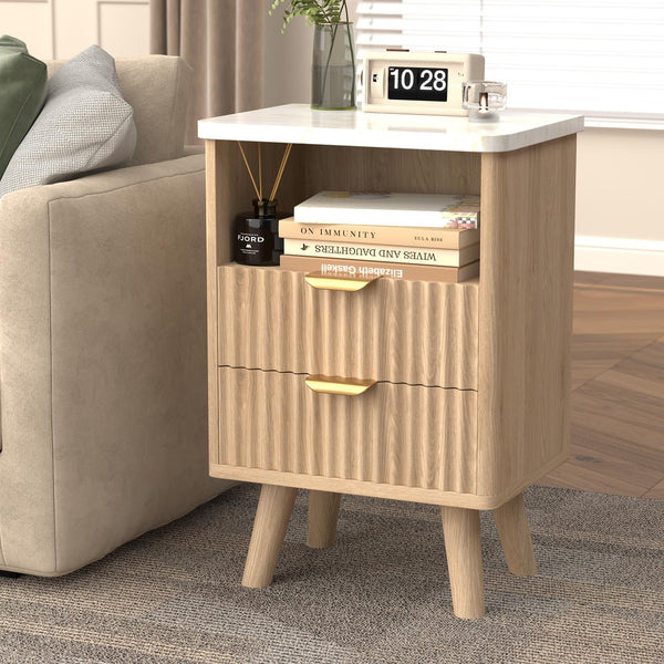 Fluted Nightstand Set of 2 with Drawer & Open Shelf — Oak
