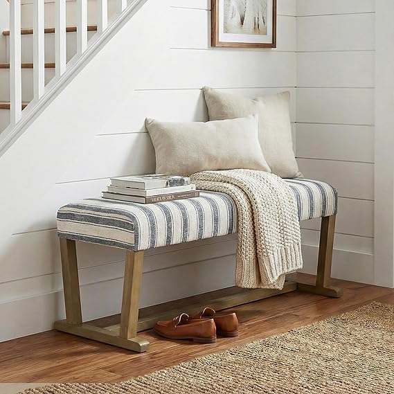 Upholstered Ottoman Bench with Cushion & Rubberwood Legs