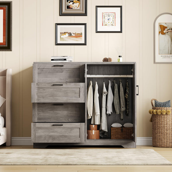 2-Door Wardrobe Armoire with 4 Drawers & Hanging Rod