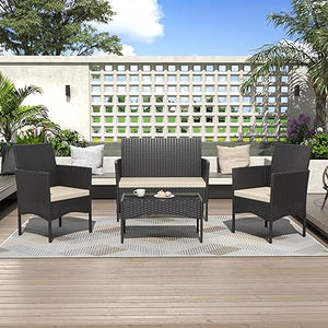 4-Piece Outdoor Rattan Patio Conversation Set with Cushions & Glass Table