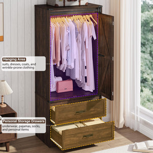 Farmhouse Sliding Door Wardrobe with LED Light & Drawers