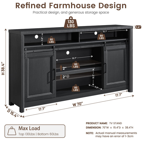 Farmhouse TV Stand for Living Room, Large Black Entertainment Center with Storage, TV Console for Bedroom, TV Stand with Sliding Barn Door Television Stands for 80 Inch TV, 38 Inch Tall Media Cabinet