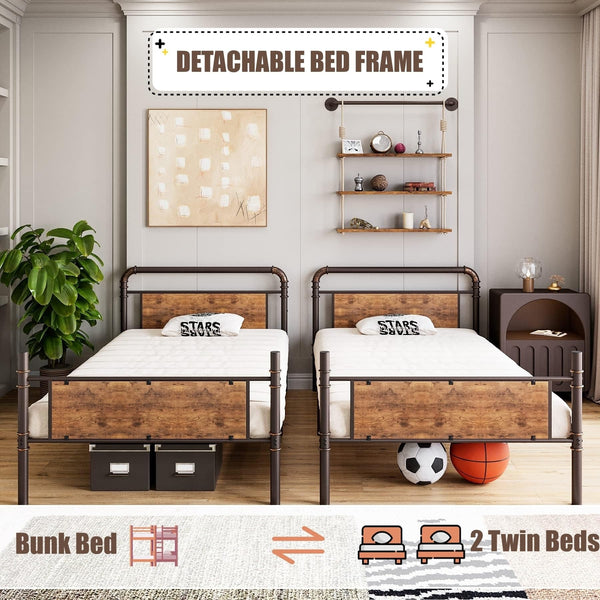 Twin Over Twin Metal Bunk Bed with Safety Guardrail