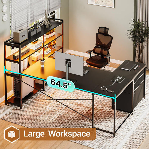 L-Shaped Gaming Desk with Power Outlet, LED Lights & Storage Shelves