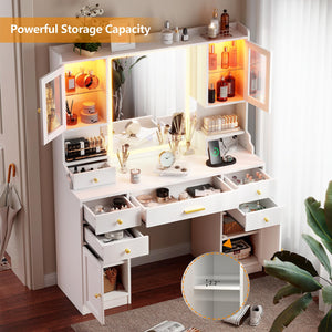 LED Vanity Desk with Mirror, RGB Cabinets & Charging Station