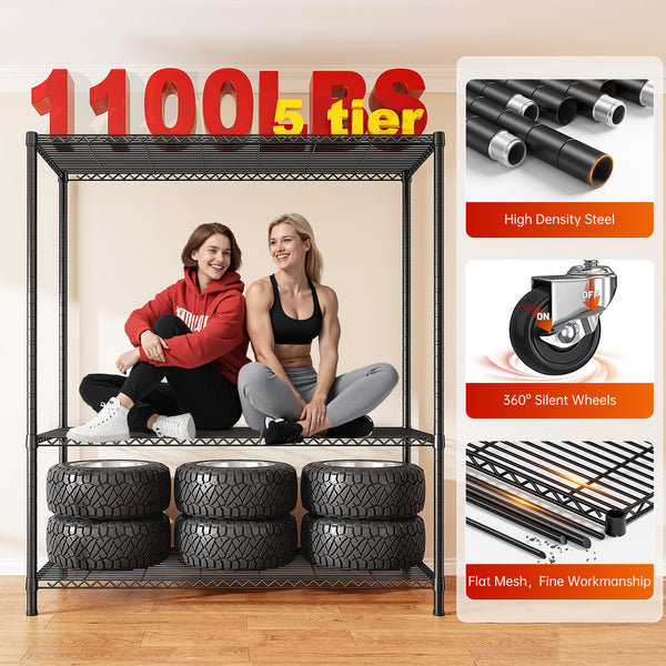 45" Wire Storage Shelves with Cover & Wheels – 5-Tier Metal Rack