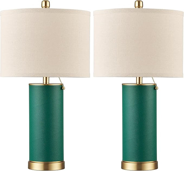 PU Leather Table Lamp Set of 2 with Beige Fabric Shade