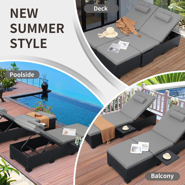 Outdoor Chaise Lounge Chairs Set of 2 – Wicker Recliner with Adjustable Backrest & Cushions