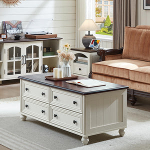 Farmhouse Coffee Table with 4 Drawers & Hidden Storage