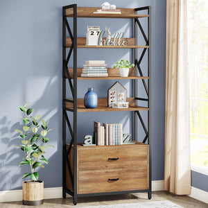 5-Tier Industrial Bookshelf with 2 Drawers
