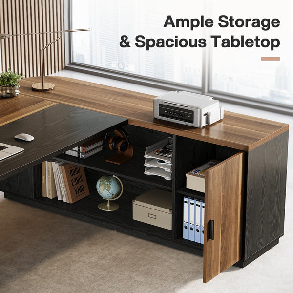 L-Shaped Executive Desk with Cabinet and Storage Shelves