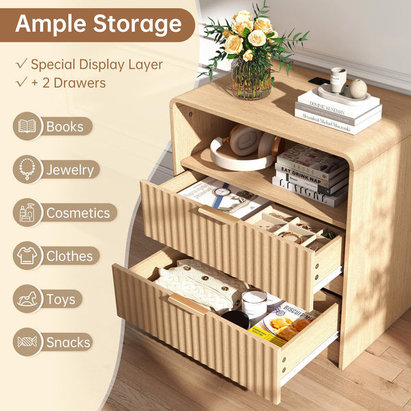 Fluted Nightstand Set of 2 with Charging Station