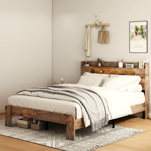 Queen Platform Bed Frame with Storage Headboard, LED Lights & Charging Station, Dark Brown