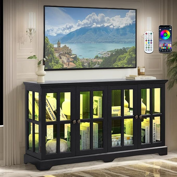 4-Door LED Glass Curio Cabinet with Adjustable Shelves