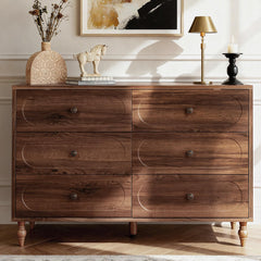 6 Drawer Mid-Century Dresser with Solid Wood Legs – 47" Wide Dark Walnut Chest