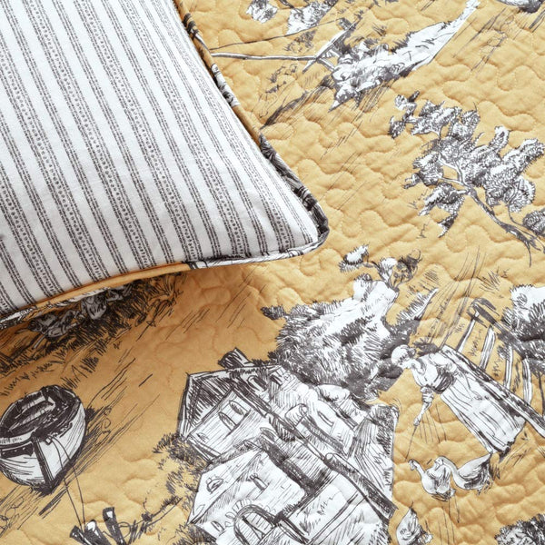 French Country Toile Reversible Cotton Quilt Set — King, Yellow/Gray