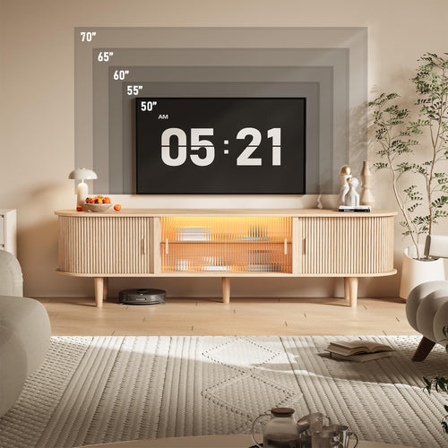 70-Inch Fluted TV Stand with LED Lights & Sliding Doors
