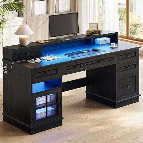 Farmhouse Executive Desk with Drawers, LED Lights & Power Outlet