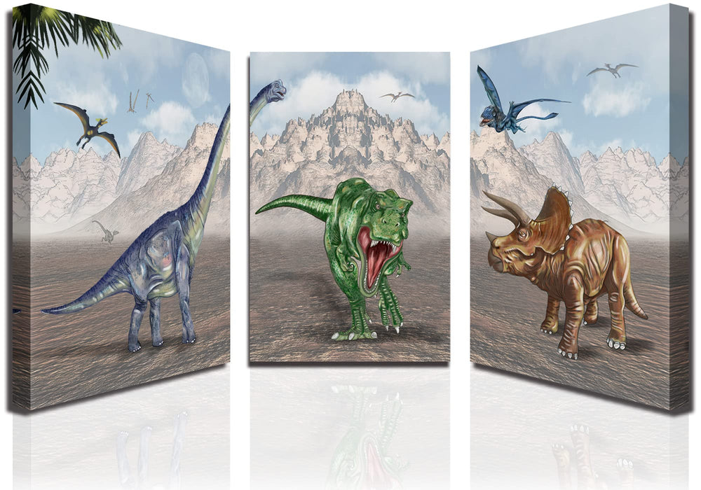 Dinosaur Canvas Wall Art – 3-Panel Framed Set, 16"x24" Each