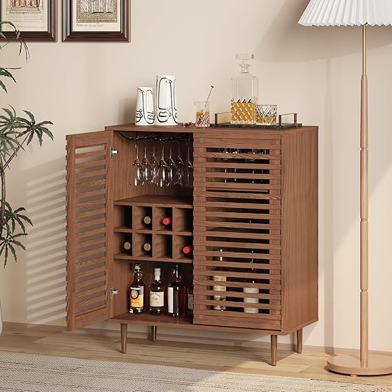 Mid-Century Bar Cabinet with Wine Racks & Slatted Doors