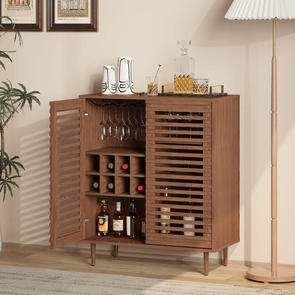 Mid-Century Bar Cabinet with Wine Rack & Slatted Doors