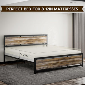 California King Metal Platform Bed Frame with Wooden Headboard – Industrial Style