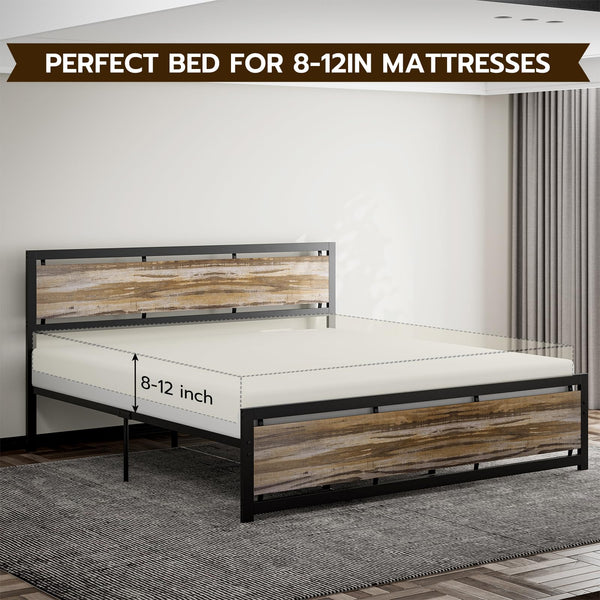 California King Metal Platform Bed Frame with Wooden Headboard – Industrial Style