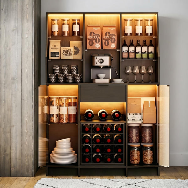 Wine Bar Cabinet with LED Lights & Glass Doors