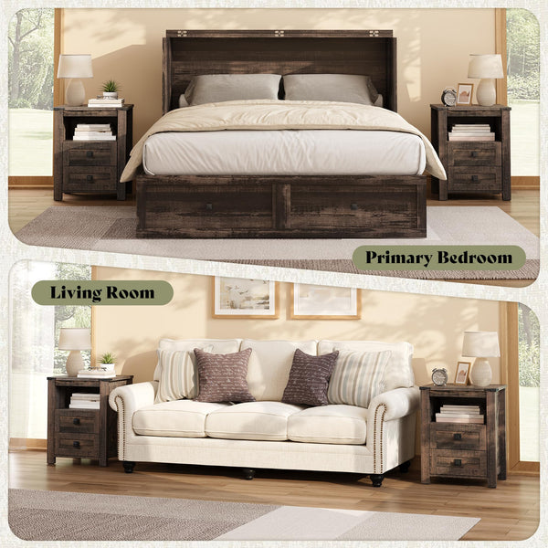 Farmhouse Nightstand Set of 2 with Drawers & Open Shelf